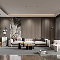 Modern Living Dining Room Interior With Dark Wood Walls Marble Floor Sofa And Decorative Figures