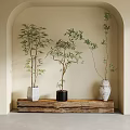 Potted Bonsai Trees on Wooden Plank with Various Pots in Arched Niche