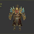 Fantasy Man In Red Robe With Black Topknot Blue Glowing Shoulders And Golden Arm Armor