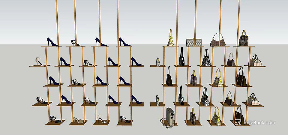 Display Shelves with Stylish Shoes and Designer Bags Neatly Arranged in Retail Store 3d model 