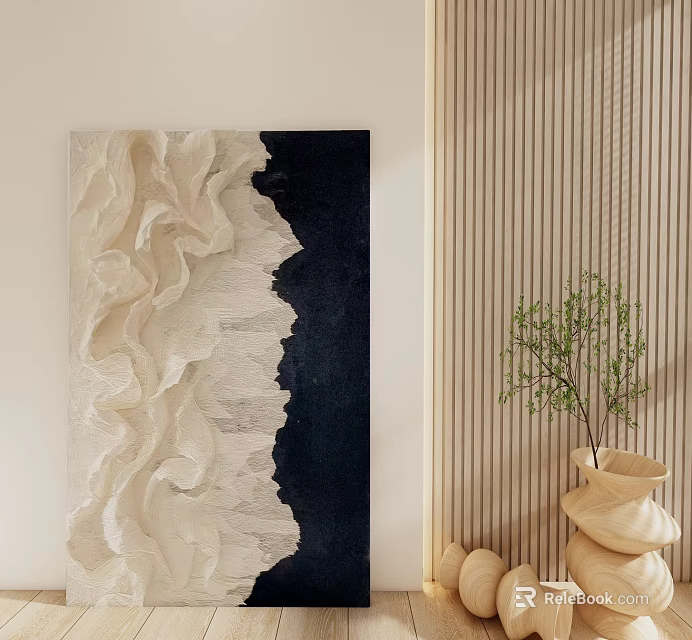 Modern Interior Featuring Textured Decorative Painting Wooden Wall Green Plant Beige Vase Stacked Ceramics 3d model 