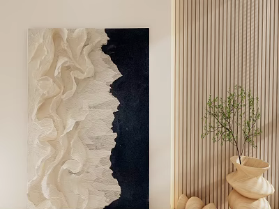 Modern Interior Featuring Textured Decorative Painting Wooden Wall Green Plant Beige Vase Stacked Ceramics 3d model