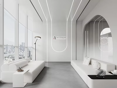 Modern Hotel Public Lounge Area With White Sofas Large Windows And City View 3d model
