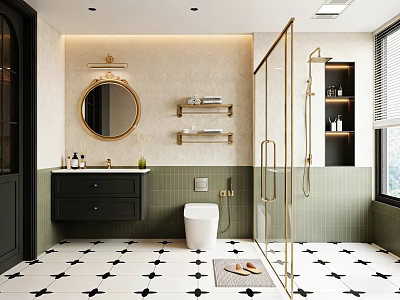 Elegant Modern Bathroom Interior With Green Tiles Black White Star Floor And Gold Accents 3d model