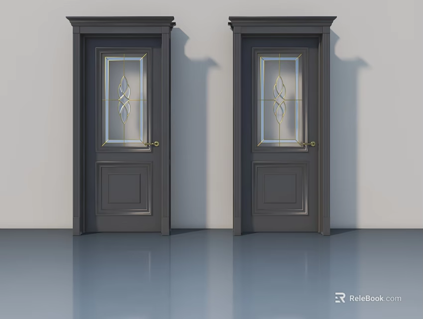 Two Dark Gray Hinged Doors With Glass Panels And Decorative Patterns For Home Interior 3d model