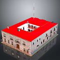 Traditional Stone Building With Red Roof Square Structure Multiple Windows And Doorways