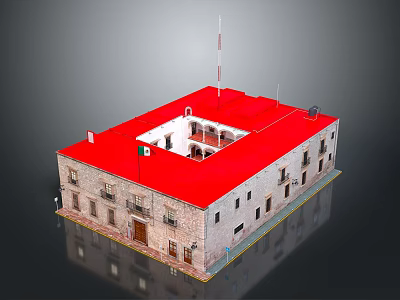 Traditional Stone Building With Red Roof Square Structure Multiple Windows And Doorways 3d model