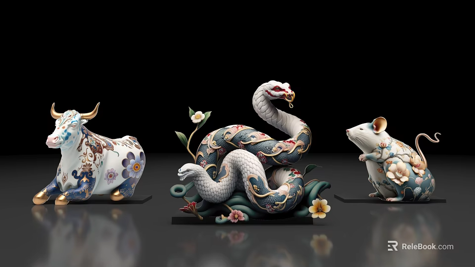 Ornate Ceramic Animal Figurines Featuring Snake Ox Rat With Floral Decorations 3d model 