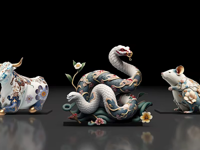 Ornate Ceramic Animal Figurines Featuring Snake Ox Rat With Floral Decorations 3d model