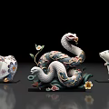 Ornate Ceramic Animal Figurines Featuring Snake Ox Rat With Floral Decorations