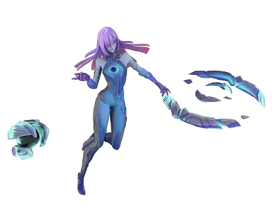 Game and Movie Character with Purple Hair Blue Bodysuit and Dynamic Mechanical Energy Structures 3d model