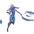 Game and Movie Character with Purple Hair Blue Bodysuit and Dynamic Mechanical Energy Structures