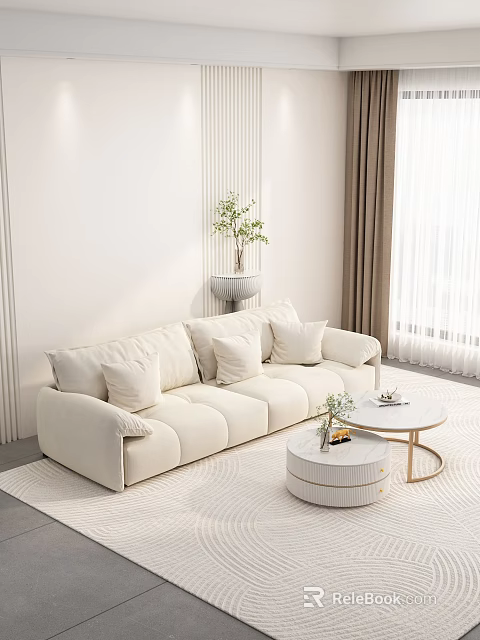 Light Living Room With Beige Sofa Cushions White Walls Curtains And Small Round Coffee Table 3d model 