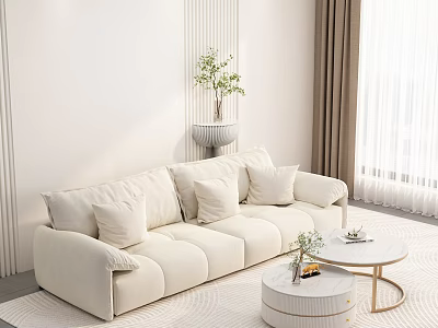 Light Living Room With Beige Sofa Cushions White Walls Curtains And Small Round Coffee Table 3d model