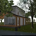 Modern Wooden House With Open Porch Large Glass Windows And Green Grass Surrounded By Trees