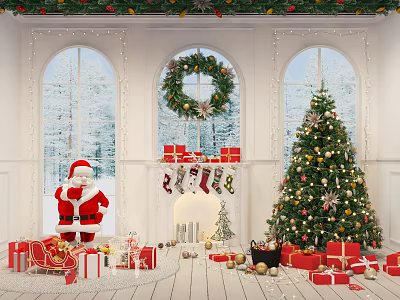 Christmas Live Stream of Decorated Room With Santa Tree Gifts Fireplace Wreath and Stockings 3d model
