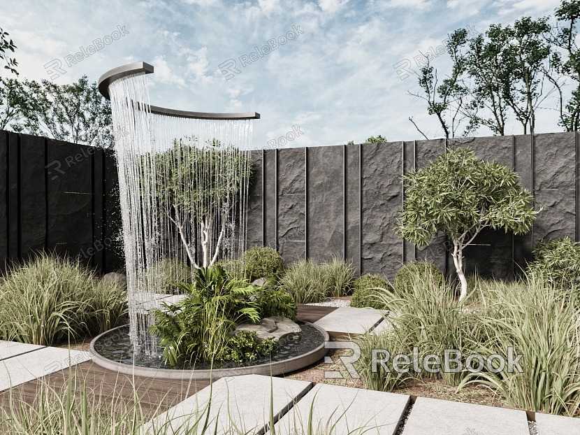 Modern villa courtyard garden courtyard landscape sketch fountain landscape wall green plant landscaping green plant pile model