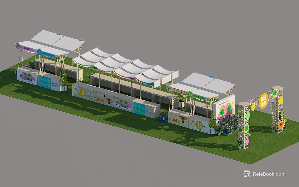 Outdoor Market Stalls With White Canopies Green Grass And Colorful Signs 3d model 