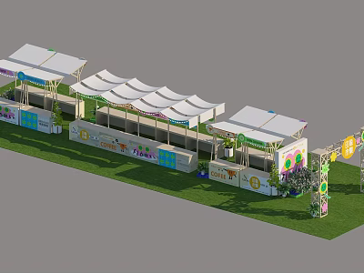 Outdoor Market Stalls With White Canopies Green Grass And Colorful Signs 3d model