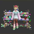 Pink Haired Character Sitting On Pink Bench With Green Vines Flowers And Butterflies