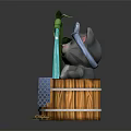 Cute Gray Cat Taking Bath In Wooden Barrel With Blue Headscarf Bamboo And Yellow Leaf