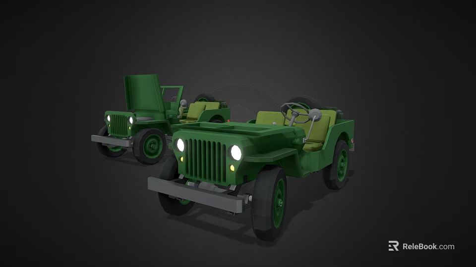Two Green Vintage Open Top Jeeps With Headlights And Wheels 3d model 