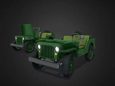 Two Green Vintage Open Top Jeeps With Headlights And Wheels 3d model