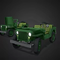 Two Green Vintage Open Top Jeeps With Headlights And Wheels