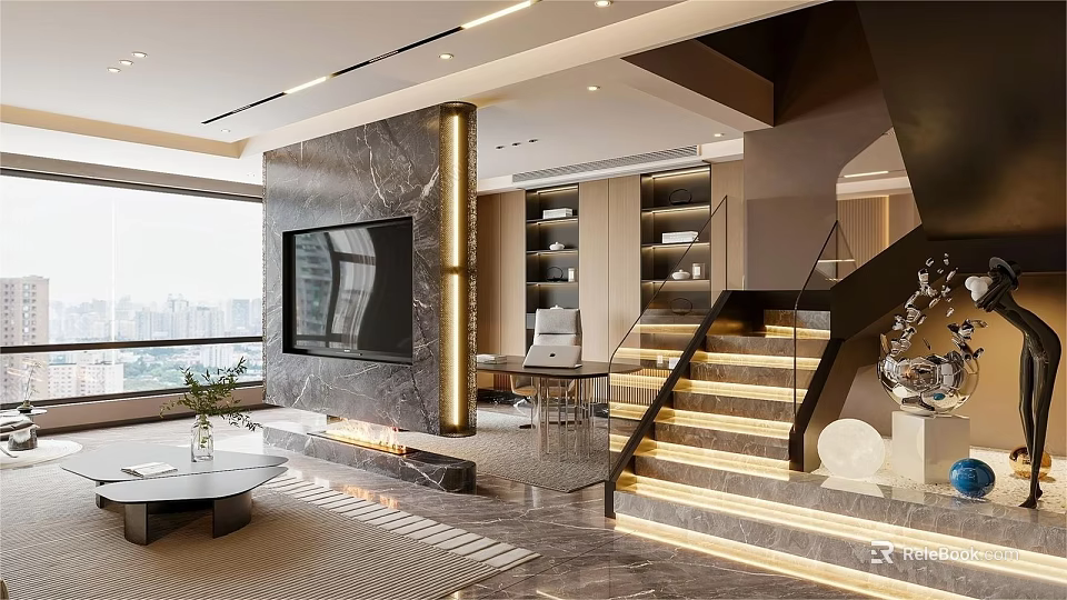 Luxury Modern Living And Dining Interior With Marble Finishes Illuminated Stairs And Panoramic City View 3d model 