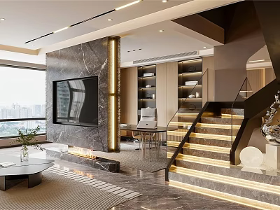 Luxury Modern Living And Dining Interior With Marble Finishes Illuminated Stairs And Panoramic City View 3d model