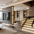 Luxury Modern Living And Dining Interior With Marble Finishes Illuminated Stairs And Panoramic City View