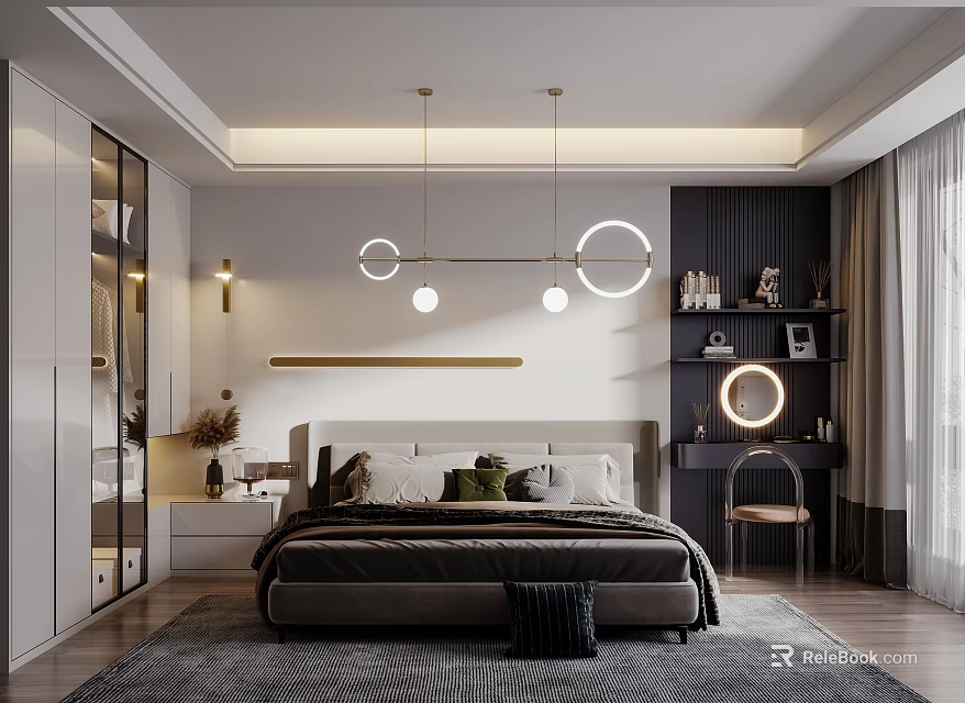 Modern Bedroom Interior Design With Large Bed Round Pendant Lights And Wardrobe 3d model 