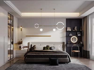 Modern Bedroom Interior Design With Large Bed Round Pendant Lights And Wardrobe 3d model