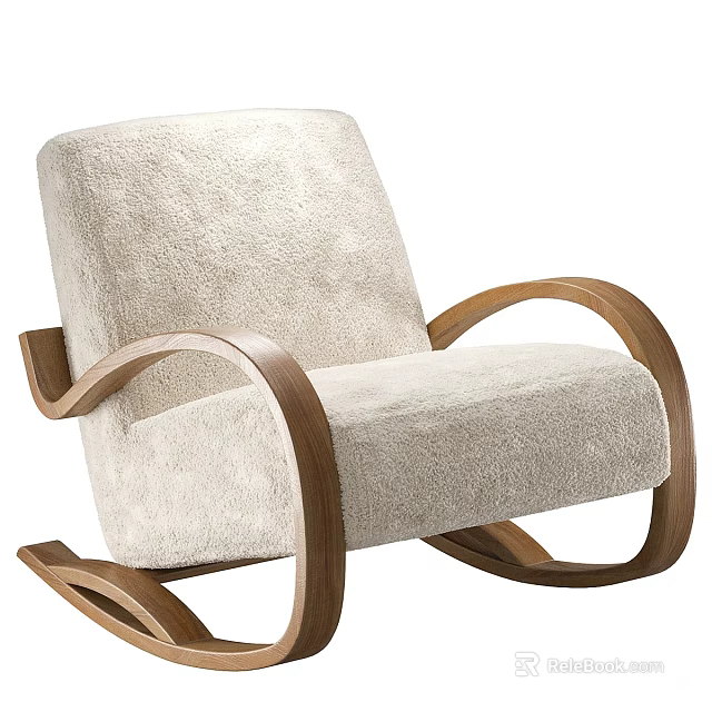 Modern Light Beige Leisure Rocking Chair With Soft Plush Cushion And Wooden Armrests 3d model 