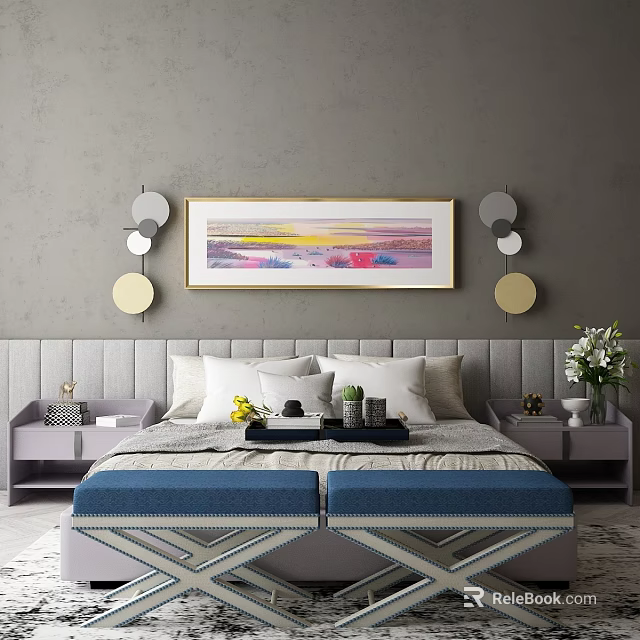 Modern Double Bed with Gray Upholstered Headboard Round Decorative Lights Decorative Painting and Purple Nightstands 3d model 