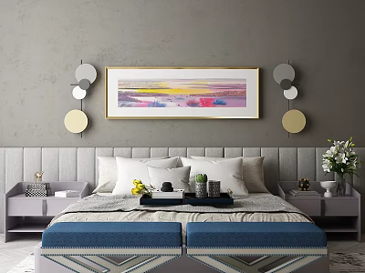 Modern Double Bed with Gray Upholstered Headboard Round Decorative Lights Decorative Painting and Purple Nightstands 3d model