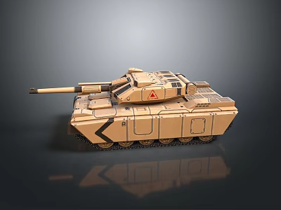 3D Rendered Tan Colored Military Tank With Cannon Turret Armor Details And Dark Background Reflection 3d model