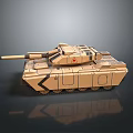 3D Rendered Tan Colored Military Tank With Cannon Turret Armor Details And Dark Background Reflection