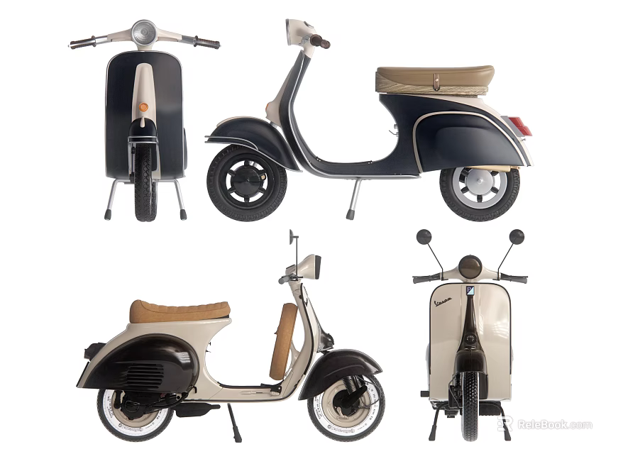 Vintage Scooter Motorcycle Classic Design With Black Beige Color And Brown Seat 3d model 