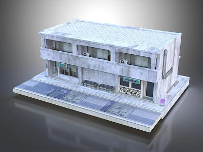 Two Story Building Model With White Concrete Exterior Windows And Paved Platform 3d model