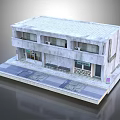 Two Story Building Model With White Concrete Exterior Windows And Paved Platform