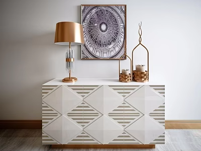 Stylish Entryway Cabinet Sideboard With Geometric Pattern White Gray Design Gold Lamp And Decorative Art 3d model