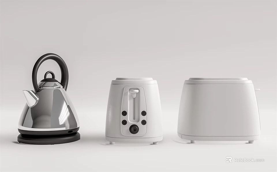 Modern Stylish Kitchen Appliances Silver Kettle And White Toaster Design 3d model 