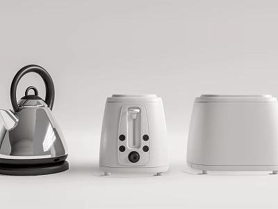 Modern Stylish Kitchen Appliances Silver Kettle And White Toaster Design 3d model