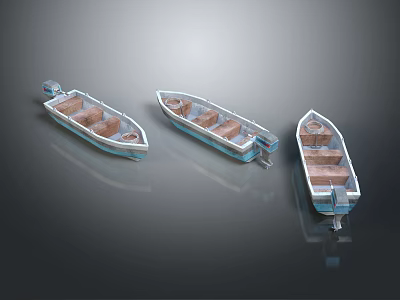 Three Small Boats With Wooden Seats And Metal Hulls On Dark Reflective Surface 3d model