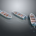Three Small Boats With Wooden Seats And Metal Hulls On Dark Reflective Surface