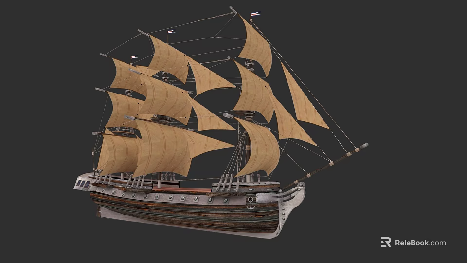 Vintage Model Sailboat With Multiple Brown Canvas Sails And Wooden Hull 3d model 