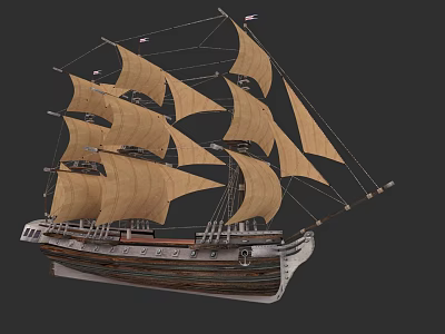 Vintage Model Sailboat With Multiple Brown Canvas Sails And Wooden Hull 3d model