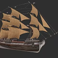 Vintage Model Sailboat With Multiple Brown Canvas Sails And Wooden Hull