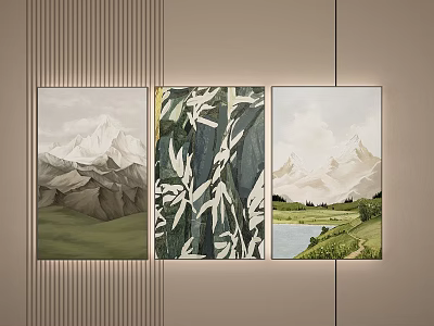 Three Panel Wall Art Featuring Mountain Bamboo Leaves Lake And Grassland 3d model